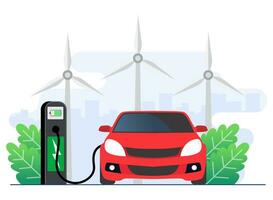 verde energia tecnologia concetto piatto illustrazione vettore modello, elettrico auto caricare batteria nel ricarica stazione, ecologico trasporto, ecologia concetto, elettrificato mezzi di trasporto emozione,