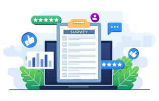 in linea sondaggio concetto piatto illustrazione vettore modello, Riempimento test nel cliente sondaggio modulo, cliente esperienze e soddisfazione concetto per atterraggio pagina, ragnatela striscione, mobile app, ragnatela disegno, ui UX