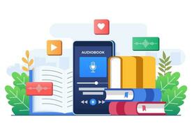 ascolta per audiolibro in linea, audiolibro App su smartphone schermo piatto illustrazione vettore modello, streaming servizio, in linea musica giocatore