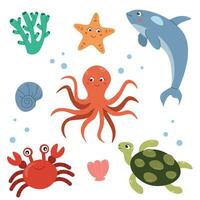 vettore mare animali, vettore scarabocchio cartone animato impostato di mare vita oggetti per il tuo design