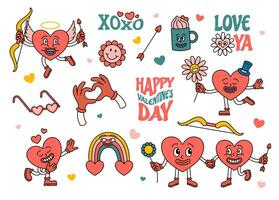 cartone animato colore Groovy hippie san valentino giorno elementi impostare. vettore