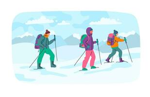 cartone animato colore personaggi persone e inverno escursioni a piedi concetto. vettore