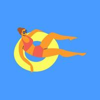cartone animato colore personaggio donna galleggiante su gonfiabile squillare concetto. vettore