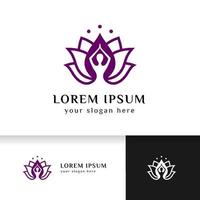 stock di disegno del logo di yoga. meditazione umana nell'illustrazione vettoriale del fiore di loto in colore viola