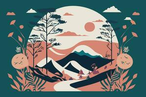 semplice rosa nel voi boho minimo paesaggio illustrazione natura montagne astratto arte vettore