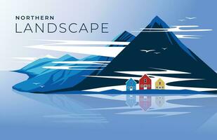 tradizionale scandinavo colorato case tra il montagne. riflessione di il mare. blu cielo. orizzontale scena. settentrionale clima. vettore piatto illustrazione