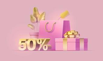 banner di vendita del giorno delle donne con un'offerta di sconto del cinquanta percento per lo shopping online, la promozione, la rivista, il sito Web, l'app mobile. pianta, pacchetto, cartellino del prezzo, confezione regalo, nastro dorato su sfondo rosa isolato vettore