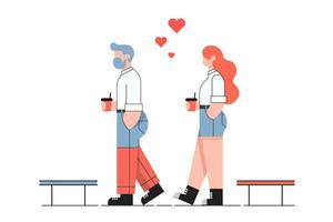 amore coppia potabile caffè, amico e donna a piedi con caffè tazza, rosso cuore, minimalista coppia concetto per San Valentino giorno e amore giorno ,vettore amante illustrazioni. vettore
