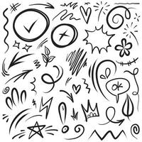 set vettoriale di doodle di segni di espressione cartoonesca disegnati a mano, frecce direzionali curve, elementi di design di effetti emoticon, simboli di emozione dei personaggi dei cartoni animati, linee di pennellate decorative carine.