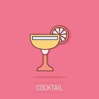 alcool cocktail icona nel comico stile. bevanda bicchiere vettore cartone animato illustrazione su bianca isolato sfondo. Martini liquido attività commerciale concetto spruzzo effetto.