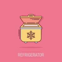frigo frigorifero icona nel comico stile. congelatore contenitore vettore cartone animato illustrazione pittogramma. frigo attività commerciale concetto spruzzo effetto.