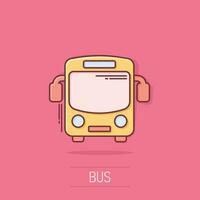 scuola autobus icona nel comico stile. autobus vettore cartone animato illustrazione su bianca isolato sfondo. allenatore trasporto attività commerciale concetto spruzzo effetto.