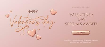 un' rosa e oro San Valentino giorno vendita bandiera con cuori. il lussuoso design è Perfetto per carte, inviti, e festivo decorazioni. ideale per veicolare amore e celebrazione. non ai. vettore