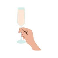 femmina o maschio mano Tenere Champagne bicchiere con mimosa cocktail. flauto tulipano bicchiere con alcool bere. estate aperitivo, alcolizzato bevanda. colorato grafico piatto vettore illustrazione isolato su bianca.