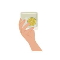 femmina o maschio mano Tenere rocce bicchiere con classico Gin Tonico cocktail. vecchio stile bicchiere con alcool bevanda guarnito con fetta di lime e rosmarino. estate aperitivo bevanda. vettore illustrazione