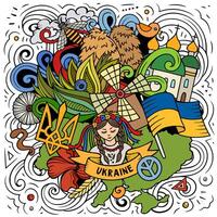 Ucraina cartone animato scarabocchio illustrazione. divertente ucraino design. creativo vettore sfondo con europeo nazione elementi e oggetti