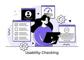 usabilità analisi piatto illustrazione concetto, qa ingegneria, sviluppatore, tester ricerca bug, sito web test, Software ottimizzazione processi, beta test, donna controlli funzioni di applicazione vettore