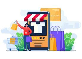 donna ordine Abiti a partire dal in linea capi di abbigliamento negozio, commercio elettronico, mobile acquisti, digitale o virtuale mercato, in linea acquisti, Internet memorizzare piatto illustrazione concetto per atterraggio pagina, ragnatela design vettore