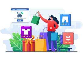 ordine Abiti in linea, shopping concetto, femmina cliente personaggio con shopping borse e regalo piatto illustrazione concetto, può Usato per ragnatela striscione, infografica, atterraggio pagine, ui, sociale media vettore