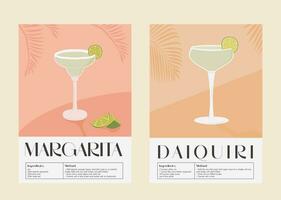 daiquiri e Margherita cocktail nel Martini bicchiere con lime fetta e sale guarnisce. Stampa di estate aperitivo ricetta. parete arte manifesto con alcolizzato bevanda e palma ombra su sfondo. vettore. vettore