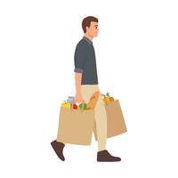 giovane caucasico bianca uomo a piedi con plastica shopping borse con salutare verdure e frutta. concetto di salutare nutrizione. vettore