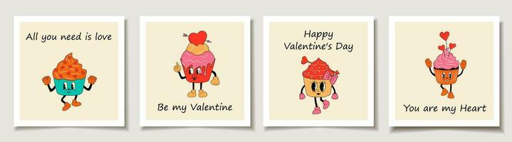 impostato di San Valentino giorno carte con retrò impostato Cupcake 30s cartone animato mascotte personaggi. amore, San Valentino giorno vettore