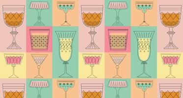 geometrico senza soluzione di continuità modello con alcolizzato cocktail nel bicchieri di diverso forme. bevande nel diverso tipi di Vintage ▾ occhiali. moderno design per saluto carte, manifesti, avvolgere, imballare carta. vettore