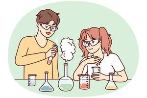 gioventù ragazzo e ragazza condotta chimico esperimenti in piedi vicino tavolo con test tubi. vettore Immagine