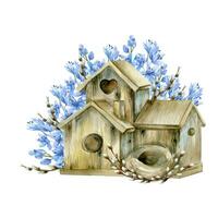 acquerello di legno birdhouse con nido salice rami e primavera lilla blu fioritura fiori illustrazione. contento Pasqua composizione per invito, saluto carta, etichetta, logo design. primavera decorazione vettore