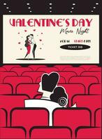 San Valentino giorno film notte invito, manifesto. 60s - 70s stile San Valentino giorno vettore illustrazione di coppia nel amore su un' Data nel cinema Guardando romantico film.