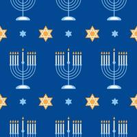 felice hanukkah senza cuciture con simboli creativi su sfondo blu. design festivo moderno per carta da parati, carta da imballaggio, tessuto, banner. illustrazione vettoriale