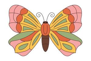 Groovy la farfalla. hippie 60s 70s retrò stile. giallo, rosa verde colori. vettore