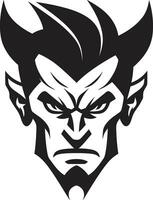 satanico sguardo fisso nero logo icona design di diavolo S viso furioso inferno aggressivo diavolo S viso vettore simbolo