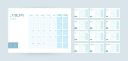 mensile calendario modello per il anno 2024, il settimana inizia su lunedì. il calendario è nel un' blu colore schema. vettore
