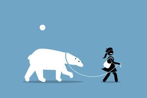 Una ragazza che si avventa e cammina con un orso polare. vettore