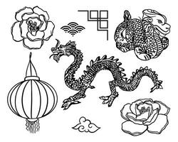 Cinese Drago, lanterna, fiori, decorazioni, vettore impostare. Cinese nuovo anno. design elemento per tradizionale saluto carte, inviti, grande striscioni, manifesti, regalo avvolgere.