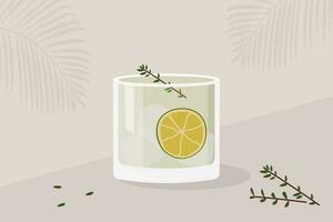 Gin Tonico cocktail guarnito con fetta di lime e rosmarino ramoscelli. estate aperitivo di moda manifesto. minimalista Stampa con alcolizzato bevanda su sfondo con palma ombra. vettore piatto illustrazione.