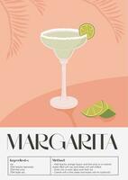 contemporaneo manifesto di Margherita cocktail con lime cuneo, tagliato lime pezzi e tropicale palma brunch su il sfondo. classico alcolizzato bevanda ricetta. moderno di moda Stampa. vettore illustrazione.