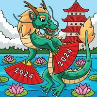 anno di il Drago con 2024 fan colorato cartone animato vettore