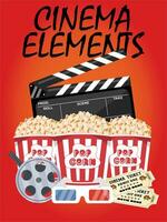 illustrazione di cinema elementi, ciak, Popcorn, film rotolo, 3d occhiali, dan cinema biglietto vettore