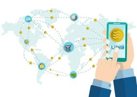 attività commerciale mani uomo uso mobile telefono.mano uso App Libra moneta per ragnatela Internet e scambio i soldi. essi siamo su carta geografica mondo e icona internet.exchange,vettore criptovaluta e digitale moneta icona. vettore