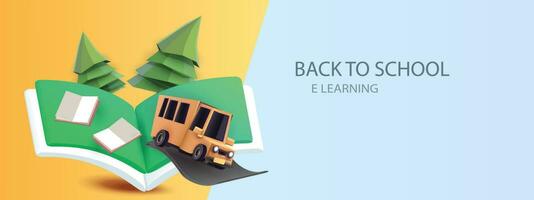 indietro per scuola colorato con scuola autobus giallo e libro elearning vettore illustation