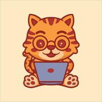 carino gatto animali Guardando il computer portatile cartone animato illustrazione vettore