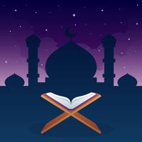 Libro di religione di islam di Corano con il fondo di Sillhouette della moschea vettore