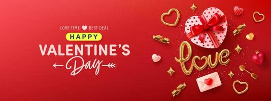 San Valentino giorno bandiera modello con cuore sagomato regalo scatola, dorata testo amore e amore 3d icone.vettore di San Valentino giorno manifesto o banner.saluti e regali per amore o San Valentino giorno concetto. vettore