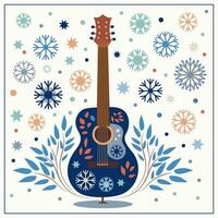 artistico illustrazione con un' sei corde blu chitarra su un' inverno sfondo con le foglie e fiocchi di neve. vettore