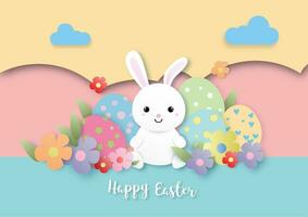 carino coniglietto e colorato Pasqua uova su papercut sfondo. vettore