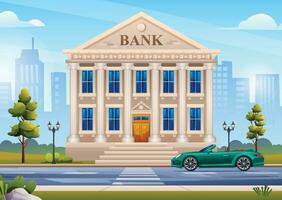 banca edificio con auto e città paesaggio sfondo. vettore cartone animato illustrazione