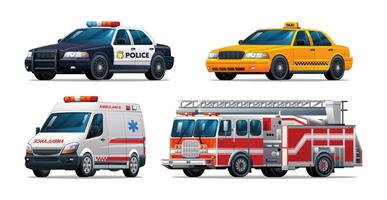 impostato di emergenza veicoli. polizia macchina, Taxi, ambulanza e fuoco camion. ufficiale emergenza servizio veicoli vettore illustrazione