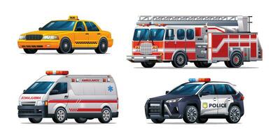 impostato di emergenza veicoli. Taxi, fuoco camion, ambulanza e polizia macchina. ufficiale emergenza servizio veicoli vettore illustrazione